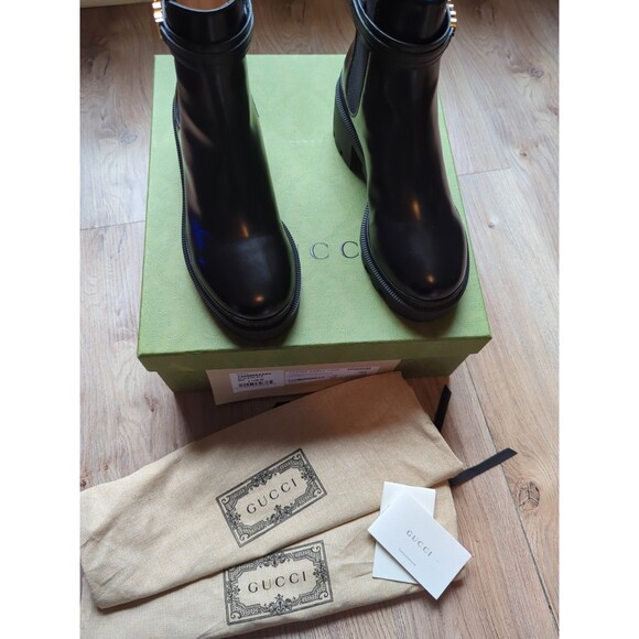 Gucci Trip Signature Logo Leather Chelsea Combat Ankle Heeled Boots Womens 38 - Picture 2 of 16